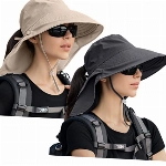 29 IYEBRAO 2 Stück Sonnenhut Damen mit Nackenschutz-UV Schutz Breite Krempe Pferdeschwanz Sommerhut -UPF 50 Einstellbare Strand Fischerhut Anglerhut Garten Outdoor Hut (2 Stück-Dunkelgrau & Beige)