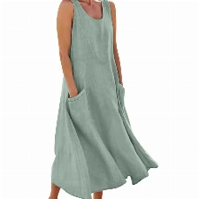 Ärmellos Baumwoll Leinen Tankkleid Damen Vintage Einfarbig Sommerkleid Gestreifte Strandkleid Lose Rundhals Maxikleid A-Linie Kleider Große Größen Langes Kleid Partykleid Freizeitkleid mit Taschen