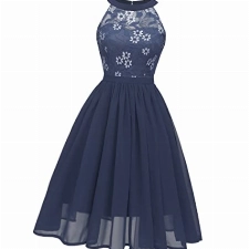 Abendkleider Elegant für Hochzeit Damen 50er Jahre Rockabilly Neckholder Swing Spitzen Chiffon Kleid Festlich Abschlusskleid Brautkleid Cocktailkleid Weihnachten Silvester Partykleid Navy Blau M