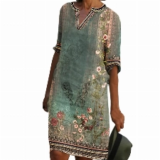 Abendkleider elegant für Hochzeit sexy Kleid Damen erotisch Kleid Langarm Damen Blumendruck V-Ausschnitt T-Shirt mit halben Ärmeln Midikleid Summer Dress (Grün, L)