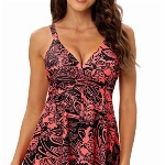 Adigaber Damen zweiteilig Badeanzug Push up Bademoden bauchweg Tankini Set mit Hot Pants Drucken Badeanzug Bikini Sportlich，Rotes Dunkles Muster，XL