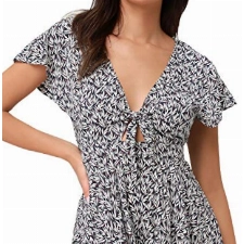 AGQT Damen Jumpsuit Sommer Blumen Sommerkleid Kurz Tunika Kleid V-Ausschnitt Strandkleid Boho Overall Schwarz-Weiss XL