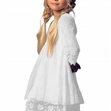 Aibaowedding Boho Trompetenärmel Kurze Kinder Spitzenkleid/Chic A-Linie Kommunionkleider Brautjungfern Kleider Blumenmädchenkleider für Mädchen 2-12 Jahr (Weiß,8)