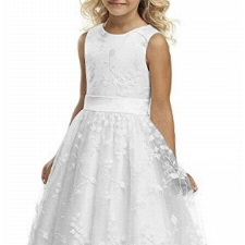 Aibaowedding Chic Lange Kinder Kommunionkleid Sommerkleider aus Besticktem Tüll mit Satin Gürtel/Boho A-Linie Brautjungfern Kleider Blumenmädchenkleider für Mädchen(Weiß,4)