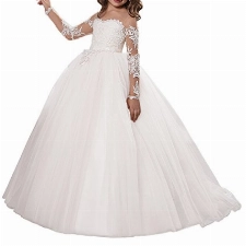 Aibaowedding Spitze Stickerei Mädchen Brautjungfer Kleid Langarm Ärmel Kinder Geburtstagsfeier Ballkleider (12, Weiß)