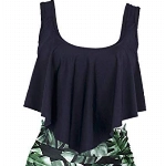 Aidotop Damen Badeanzug Rüschen Zweiteilige High Waist Bikini Retro Sätze mit hoher Taille Bademode Strandkleidung(11black Leaf,XL)