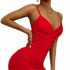 AIEOE Kleid für Damen mit Schnürung Sexy V-Ausschnitt und Nacktem Rücken Elegante Kurze Minikleid für Party Cocktail Größe S Rot