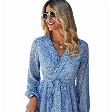 Ajpguot Damen Tiefer V-Ausschnitt Lange Ärmel Sommerkleid mit Gürtel Blumenmuster Rüschen Strandkleid Hohe Taille Kurz Swing Skater Chiffon Kleid Casual Minikleid （Hellblau, M）