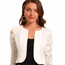 Allegra K Damen Bolero Festlich Spitze 3/4 Ärmel Rundhals Durchsichtig Shrug Cardigan Weiß S