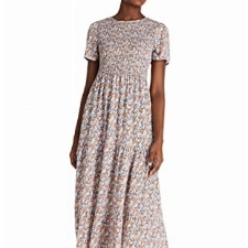 Amazon Brand - Find. Damenkleid Sommerkleid Casual Blumenmuster Partykleid Wrap Wickelkleid Maxikleider Kurze Ärmel A-Linie Lang Stufenkleid Strandkleid Blau-Weiß, Size L