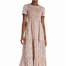 Amazon Brand - Find. Damenkleid Sommerkleid Casual Blumenmuster Partykleid Wrap Wickelkleid Maxikleider Kurze Ärmel A-Linie Lang Stufenkleid Strandkleid Rosa, Size M