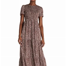 Amazon Brand - Find. Damenkleid Sommerkleid Casual Blumenmuster Partykleid Wrap Wickelkleid Maxikleider Kurze Ärmel A-Linie Lang Stufenkleid Strandkleid Rotbraun, Size S