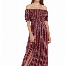 Amazon Brand - Find. Lässiges Schulterfreies Damen-Sommerkleid, florales Design, Maxikleid, Kurzarm, seitlich geteilt, Strandkleid, Weinrot, Size M