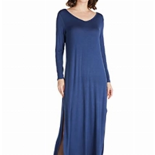 Amazon Brand - Find.find. Damenkleid Casual Langärmlig Loose Strand Lange Dresses Schlitz Maxikleider Kleid V-Ausschnitt mit Taschen (S, Navy Blau)