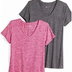 Amazon Essentials Damen Tech-Stretch-T-Shirt mit kurzen Ärmeln und V-Ausschnitt (erhältlich in Übergröße), 2er-Pack, Kohlegrau Meliert/Himbeerrot, XL