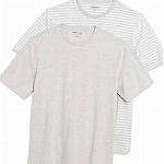 Amazon Essentials Herren Kurzärmeliges T-Shirt mit Rundhalsausschnitt, Schmale Passform, 2er-Pack, Hellgrau Meliert/Weiß Streifen, XS