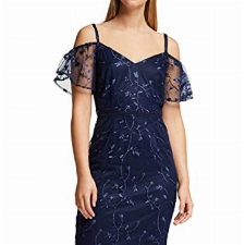 Amazon-Marke: TRUTH & FABLE Damen Schulterfreies Midi-Kleid aus Spitze, Blau (Navy), 38 Label:S
