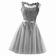 Amosfun Kurze Spitze Brautjungfernkleid Elegent Abendkleid Schlank Abendkleid Weiche ärmellose Brautkleider (Grau, Größe XL)