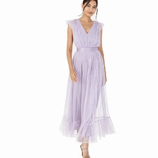 Anaya with Love Damen Ladies Maxi Dress for Women V Neckline Sleeveless Frilly for Wedding Guest Bridesmaid Prom Long High Empire Waist Tiered Kleid, Dusty Lilac,