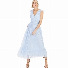 Anaya with Love Damen Ladies Maxi Dress for Women V Neckline Sleeveless Frilly for Wedding Guest Bridesmaid Prom Long High Empire Waist Tiered Kleid, Light Blue,