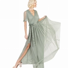 Anaya with Love Damen Ladies Maxi Dress Women V Neckline Short Sleeve Frilly Long Empire Waist for Wedding Guest Bridesmaid Maid of Honour Kleid, Frosted Green, 42