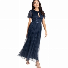 Anaya with Love Damen Ladies Midaxi Dress for Women High Waist Keyhole Short Flutter Sleeve Crew Neckline for Wedding Guest Bridesmaids Prom Kleid, Navy Blue,