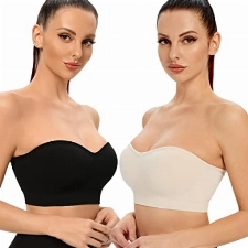 ANGOOL Damen Bandeau Trägerloser BH ohne Bügel Gepolsterter Bralette BH Nahtlose Tube Top BH mit Transparenten Trägern, Schwarz+Beige, M