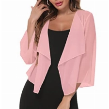 Aottori Damen Bolero Chiffon Cardigan Leichte Kurze Festliche Bolerojacke Elegant Sommer Shrug Schulterjacke Transparent Jäckchen mit 3/4 Ärmel Bettjäckchen Rosa M