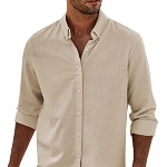 APOONABA Hemd Herren Buissnes Leinenhemd Freizeithemd Casual Leinen Bluse Langarm Shirts Regular Fit Western Hemden Baumwolle Langarmhemd Frühling Sommer Herbst Beige XL