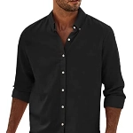 APOONABA Hemd Herren Buissnes Leinenhemd Freizeithemd Casual Leinen Bluse Langarm Shirts Regular Fit Western Hemden Baumwolle Langarmhemd Frühling Sommer Herbst Schwarz 2XL