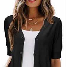 Arach&Cloz Bolero Strickjacke Damen Elegant Sommer Kurz Ärmel Bolerojacke Knöpfe Shrug Cardigan Crop Top für Kleid (Black, M)