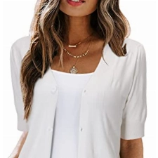 Arach&Cloz Bolero Strickjacke Damen Elegant Sommer Kurz Ärmel Bolerojacke Knöpfe Shrug Cardigan Crop Top für Kleid (Beige White, M)