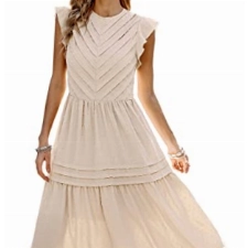 ASOMI Damen Kleid Elegant Sommerkleid Einzigartig Kappenärmel Freizeitkleid Swiss Dot Maxikleid Plissee Lang Einfarbig Aprikose Medium