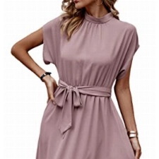 ASOMI Kleid Damen Elegant Casual Midikleid mit Taschen Flatterkurzarm Wickelkleid Stehkragen Einfarbig Maxikleid Lässig Sommer Freizeitkleid mit Gürtel 371 Lotoswurzelrosa Small