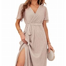 ASOMI Kleid Damen Polka Dot Pailletten Abendkleider Lang Elegant Sexy V-Ausschnitt Langarm Höhe Taille Schlitz Maxikleid mit Gürtel 373 Champagner Medium