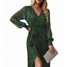 ASOMI Kleid Damen Polka Dot Pailletten Kleider Lang Elegant Sexy V-Ausschnitt Langarm Hohe Taille Schlitz Maxikleid mit Gürtel 347 Grün X-Large