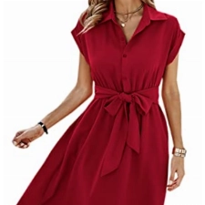 ASOMI Sommerkleid Damen Knielang Strandkleid Damen Hawaii Wickelkleid Damen Sommer Kleid Damen Elegant Blusenkleid Damen Frühling Kurzarm Midikleid Damen V-Ausschnitt Knopf A-Rot M