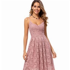 Atnlewhi Damen Vintage ärmellosen V-Ausschnitt A-Linie Kleid Blumen Knielang Spitzenkleid Brautjungfer Elegante Cocktailkleider - Rosa - L