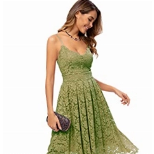 Atnlewhi Damen Vintage ärmellosen V-Ausschnitt A-Linie Kleid Blumen Knielang Spitzenkleid Brautjungfer Elegante Cocktailkleider - Armeegrün - L