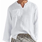 AUDATE Herren Leinen Baumwolle Freizeithemd Henley Shirt Langarm Loose Fit Hemd Weiß XXL