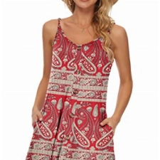 AUSELILY Damen Kleider Sommer Spaghettiträger Knielang Strandkleider Kurz V Ausschnitt Kleid Leicht Mit Taschen Sommerkleid Für Frauen(Rotes Blumenboho,Small)