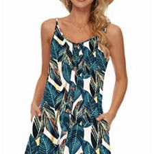 AUSELILY Damen Kleider Sommer Spaghettiträger Knielang Strandkleider Kurz V Ausschnitt Kleid Leicht Mit Taschen Sommerkleid Für Frauen(Blattdruck,L)