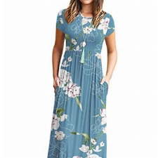 AUSELILY Damen Kurzarm Loose Casual Long Maxi Kleider mit Taschen(Blumen hellblau,XX-Large)