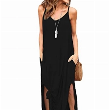 AUSELILY Schwarz Maxikleider Damen Sommer Strandkleid Lang V-Ausschnitt Spaghettiträger Kleid Maxi Sexy Trägerkleid Damen Sommer Lang mit Schlitz S