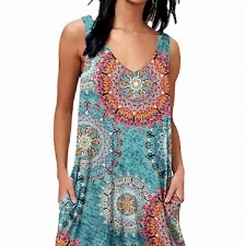 AUSELILY Sommerkleid Damen Leicht Strandkleid Elegant Swing Kleid V Ausschnitt Ärmellose Mini Kleid mit Taschen Grün drucken L