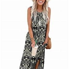 AUSELILY Sommerkleid Maxi Damen Ärmellos Strandkleid Langes Maxi Kleider mit Taschen Boho Floral Schwarz S