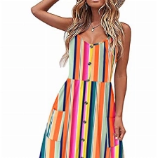 AUSELILY Sommerkleider für Frauen Ärmelloses Sommerkleid mit V-Ausschnitt Lockeres lässiges Spaghettiträgerkleid mit Taschen Regenbogenstreifen M