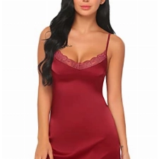 Avidlove Damen Satin Negligee Sexy Nachtwäsche Kurz Nachthemd Seide Nachtkleid Sexy Dessous Babydoll Kleid Weinrot M