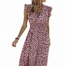 Awemeal Damen Sommerkleid Elegant V-Ausschnitt Maxikleid Drucken Boho Sommer Lang Kleid Flügelärmel Rüsche Strandkleid (as3, Alpha, x_l, Regular, Regular, Rosa)