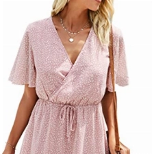 Awemeal Sommerkleid Damen Kurz Drucken Boho Kleider Strandkleid Kurzarm V-Ausschnitt Chiffon Kleid Rüsche Minikleid mit Gürtel （M, Rosa）